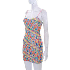 Mesh Letter Print Contrast Square Neck Backless Cami Mini Dress