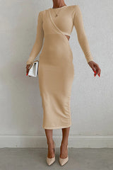 Elegant Solid Hollowed Out Patchwork O Neck Pencil Skirt Dresses(3 Colors)