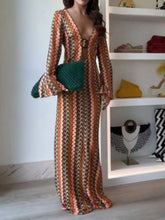 Orange Soda Stripe Print O-Ring Trendy Long Sleeve Beach Maxi Dress