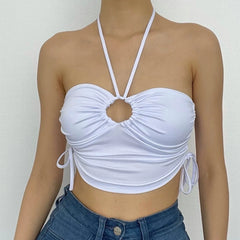 Double Layered Drawstring Ruched V Neck Halter Backless Cami Top