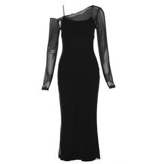 Long Sleeve Mesh Off Shoulder Slit Solid Cami Maxi Dress