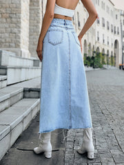 Raw Hem Midi Denim Skirt