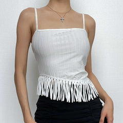 Irregular Backless Tassels Self Tie Solid Cami Crop Top - Final Sale