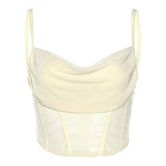 Cowl Neck Solid Mesh Ruched Backless Cami Crop Top