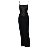 Lace Up Square Neck Slit Solid Backless Cami Maxi Dress