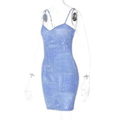 Denim Print V Neck Backless Cami Mini Dress