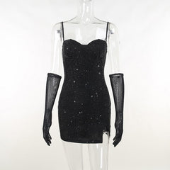Gloves Solid Beaded Slit Sweetheart Neck Cami Mini Dress