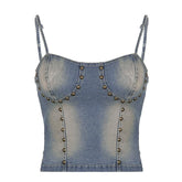 Beaded Lace Up Stitch Backless Denim Cami Top