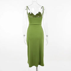 Solid Hollow Out Drawstring V Neck Backless Cami Midi Dress