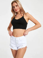 High-Breasted Tassel Denim Shorts
