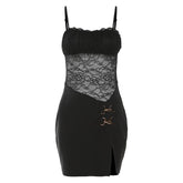 Lace Patchwork Buckle Ruched Square Neck Slit Cami Mini Dress