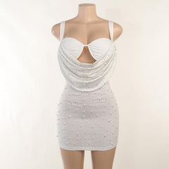 Sleeveless Solid Ruched Beaded Hollow Out Backless Cowl Neck Cami Dress