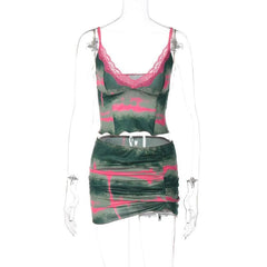 Tie Dye V Neck Lace Hem Ruched Cami Mini Skirt Set
