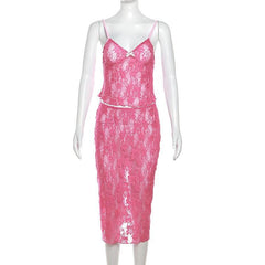 Lace See Through V Neck Backless Solid Cami Midi Skirt Set