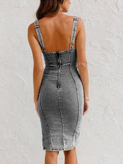 This Seasons Staple Denim Adjustable Trendy Straps Zip-Up Firm Stretch Midi Dress