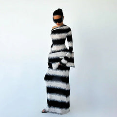 Striped Oblique Shoulder Long Sleeve Dress
