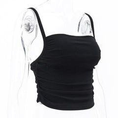 Square Neck Ruched Solid Ribbed Backless Cami Crop Top