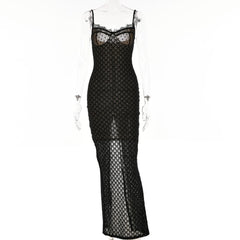Mesh Lace Hem Zip-Up Slit Solid Backless Cami Midi Dress