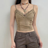 Micro Suede Lace Hem V Neck Ruffle Backless Cami Top