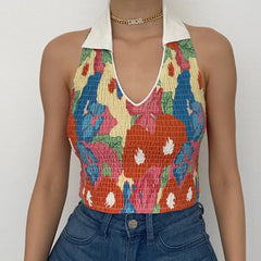 Textured Contrast Flower Print Turnover Collar Sleeveless Halter Crop Top