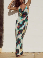 Halter Neck Tie Resort Graceful Style Print Mixi Dress