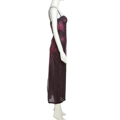 Lace Hem Contrast Flower Pattern Slit Cami Midi Dress