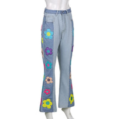 Flower Embroidery Patchwork Contrast Medium Rise Flared Jeans - Final Sale
