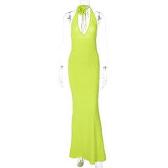 Solid V Neck Halter Backless Flower Applique Self Tie Maxi Dress