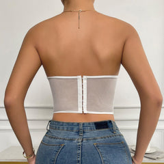 Rose Mesh Solid Button Bustier Tube Top