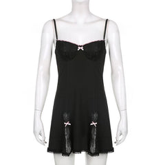 Low Cut Bowknot Lace Ruffled Cami A Line Dress