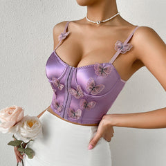 Butterfly Applique Button Bustier Satin Low Cut Cami Top