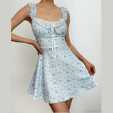 Cap Sleeve Lace Hem Ruched Flower Print Contrast Mini Dress