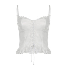 Lace Hem Ruffle Solid Lace Up Backless Cami Crop Top