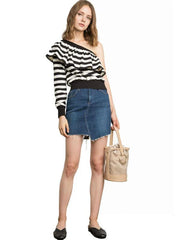 Stripe Women T-Shirts Off Shoulder Ruffles