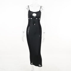 Mesh Solid Hollow Out Backless Cami Midi Dress - Final Sale