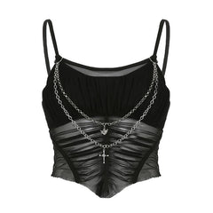 Metal Chain Mesh Patchwork Ruched Cami Crop Top