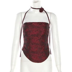 Rose Print Zip-Up Flower Applique Contrast Tube Top