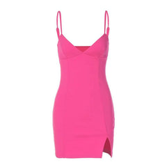 Slit V Neck Backless Solid Cami Mini Dress