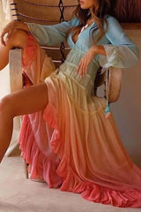 Cityhottie V Neck Long Sleeve Gradient Dress