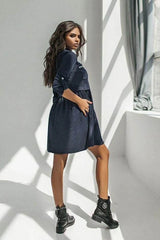 Straps Button Roll Sleeve Casual Dress