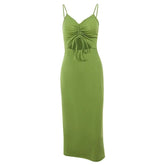 Solid Hollow Out Drawstring V Neck Backless Cami Midi Dress
