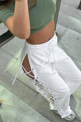 Side Slit Tie-Up Cutout Wide-Leg Long Pants