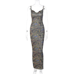 Leopard Print Contrast Cowl Neck Backless Cami Maxi Dress