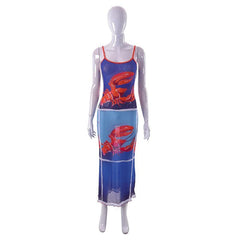 Sheer Mesh Lobster See Through Contrast Print Ruffle Cami Midi Dress