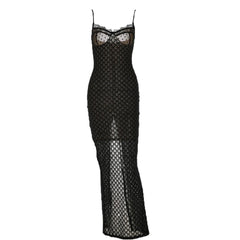 Mesh Lace Hem Zip-Up Slit Solid Backless Cami Midi Dress