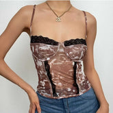 Cross Back Lace Hem Backless Mesh Contrast Print Cami Top