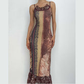 Abstract Ruffle Contrast Ruched Cami Maxi Dress - Final Sale