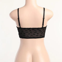 Mesh Solid Sleeveless Bat Applique Lace Hem Backless Cami Top