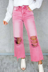 Peach Blossom Distressed Hollow-Out High Waist Cropped Flare Jeans