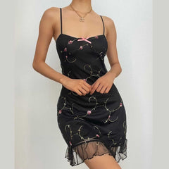 Mesh Ruffle Backless Flower Embroidery Contrast Cami Mini Dress